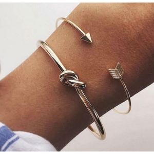 Gold Knot & Arrow Open Cuff Two Piece Bracelet Set